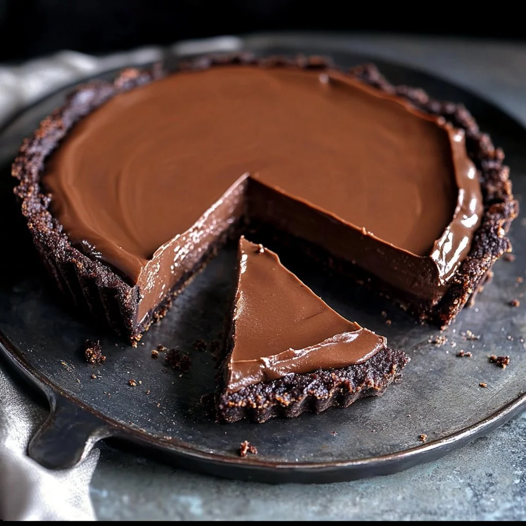 Delicious Avocado Chocolate Pie served in a slice with a rich chocolate topping