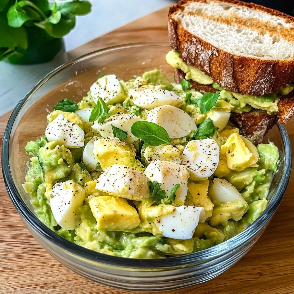 Bowl of creamy avocado egg salad with herbs and spices