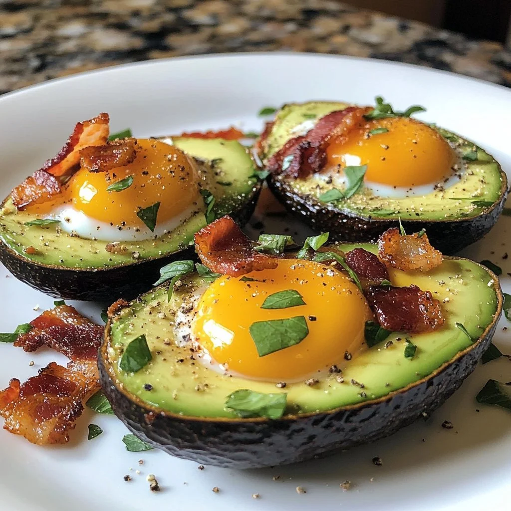 Avocado Eggs topped with crispy bacon and melted cheese