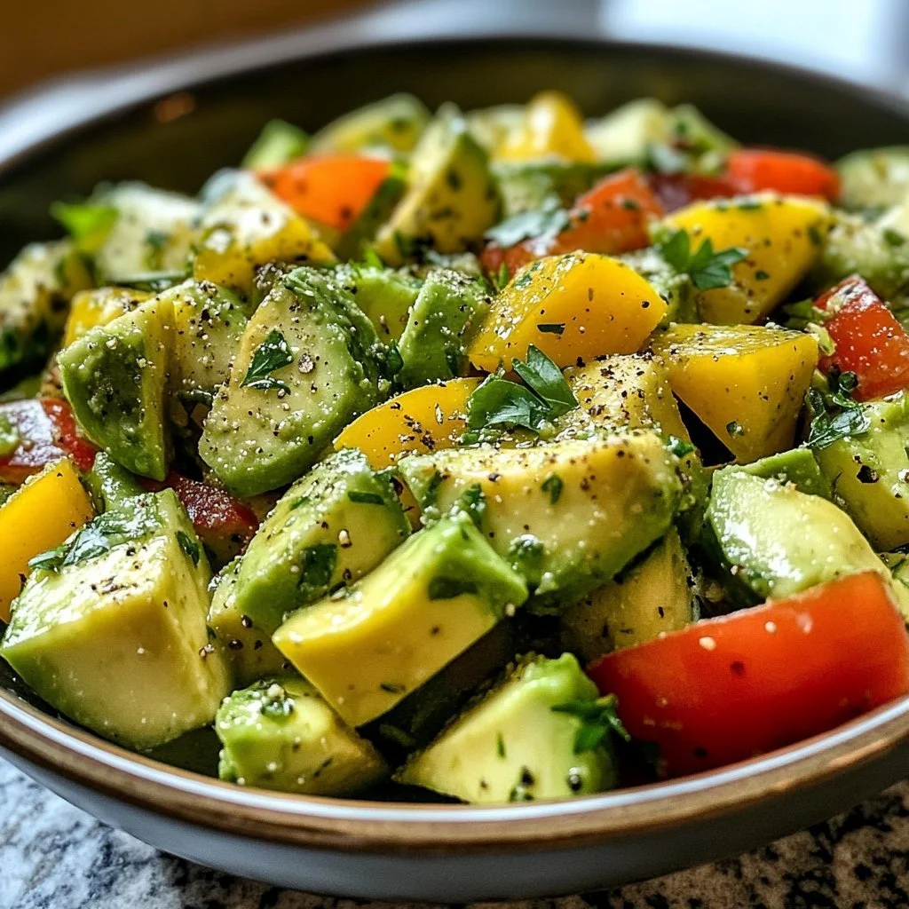 Delicious avocado salad with seasonal vegetables and dressing