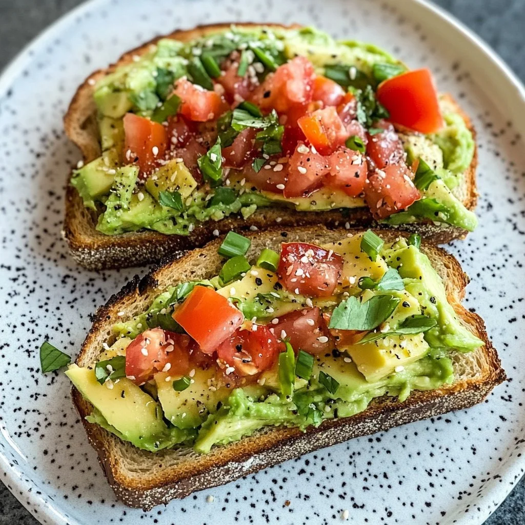 Delicious avocado toast topped with cherry tomatoes and herbs