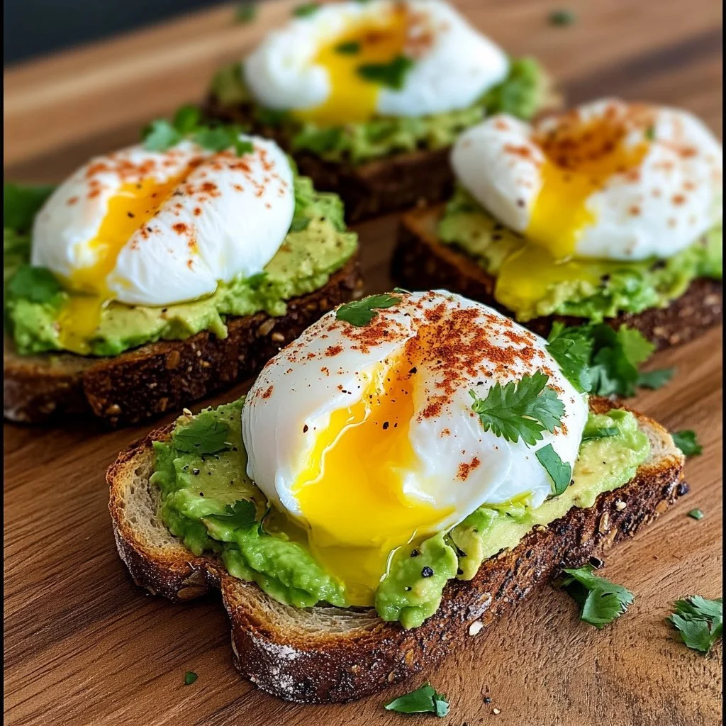 Avocado toast topped with a poached egg, garnished with herbs on a wooden board