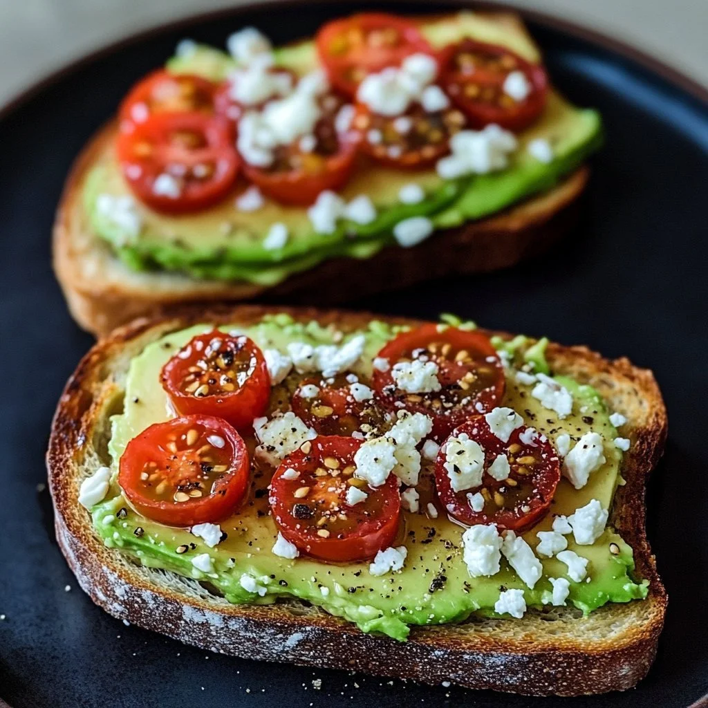 Avocado toast topped with feta cheese and cherry tomatoes on a wooden table