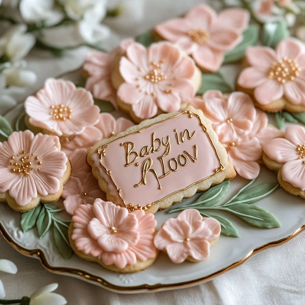 Decorative baby shower biscuits for a Baby in Bloom themed party