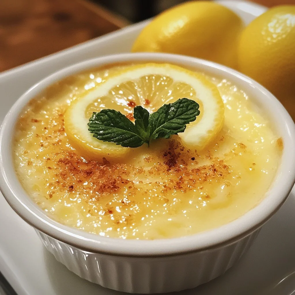 Delicious baked lemon pudding served in a dish with a slice of lemon garnish