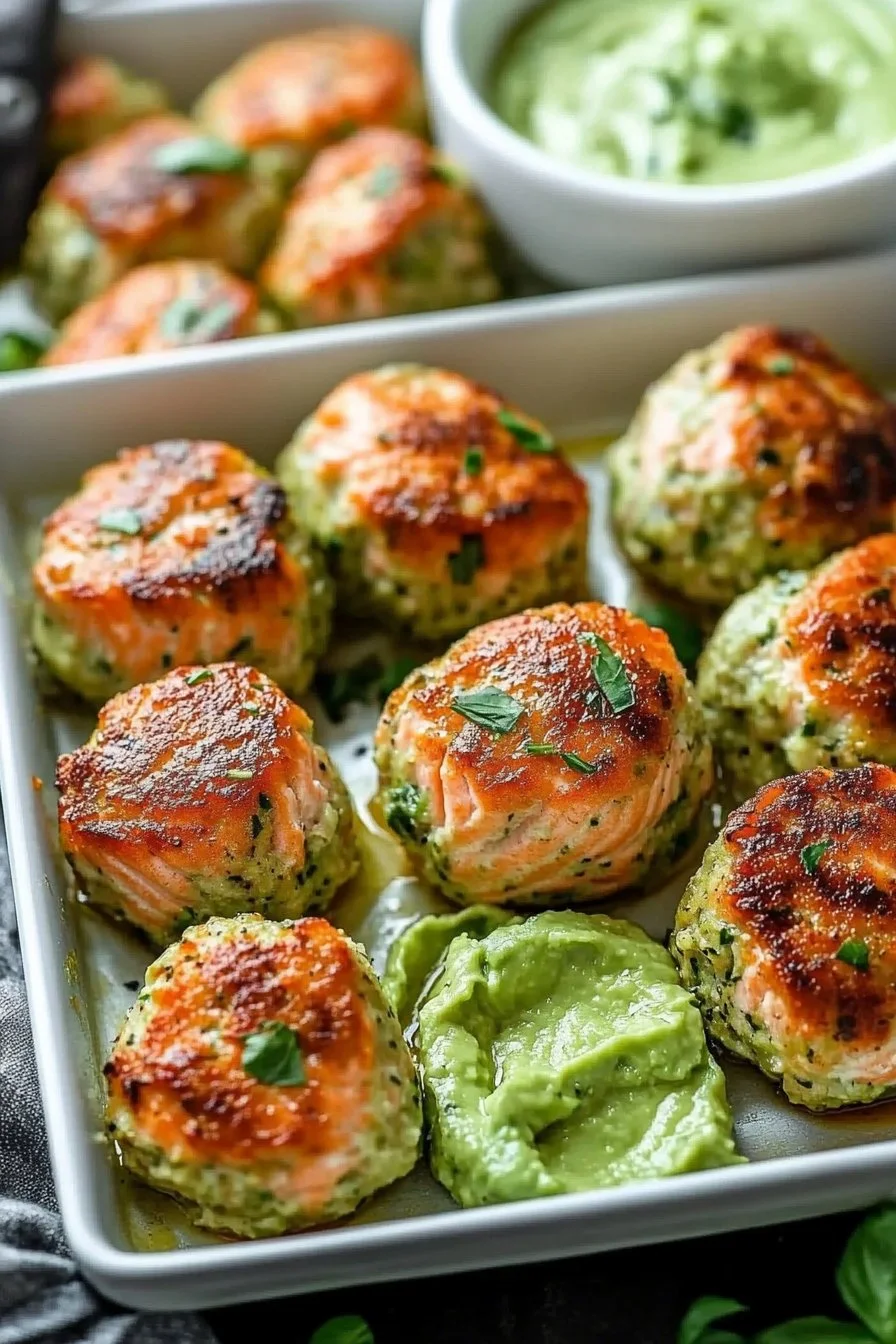 Baked Salmon Meatballs with Avocado Sauce