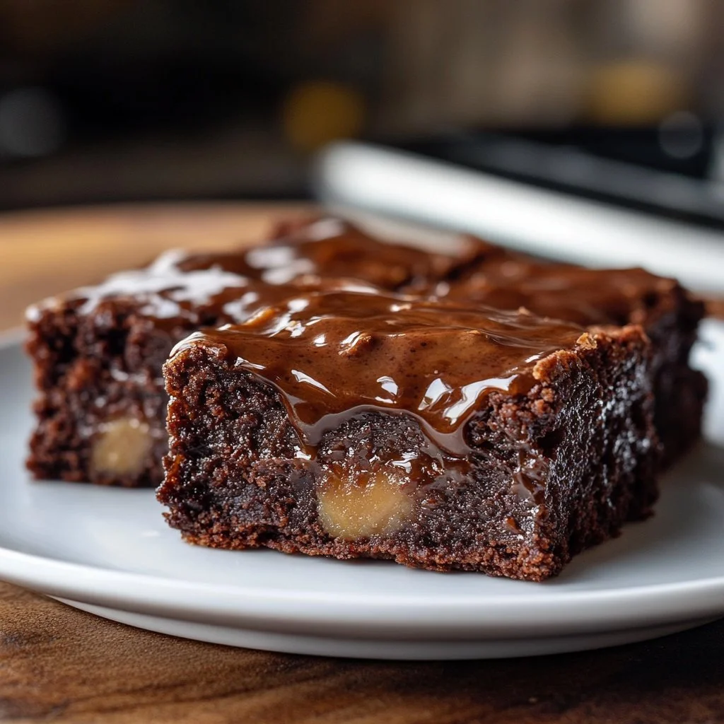 Deliciously moist banana bread brownies topped with chocolate drizzle