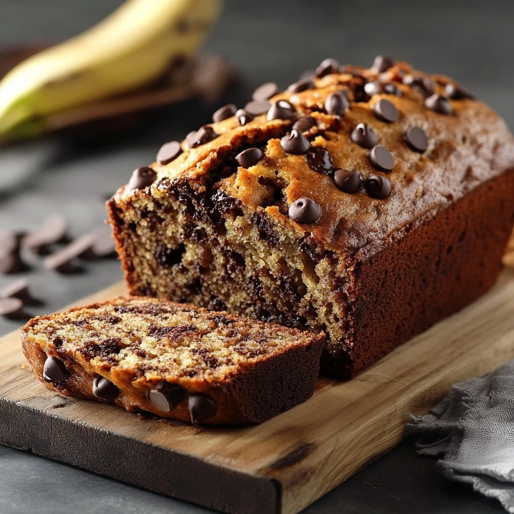 Delicious banana bread with chocolate chips served on a wooden table.