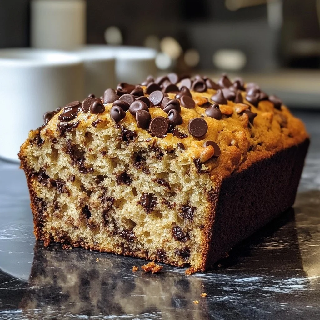 Freshly baked banana chocolate chip bread loaf with chocolate chips and bananas.