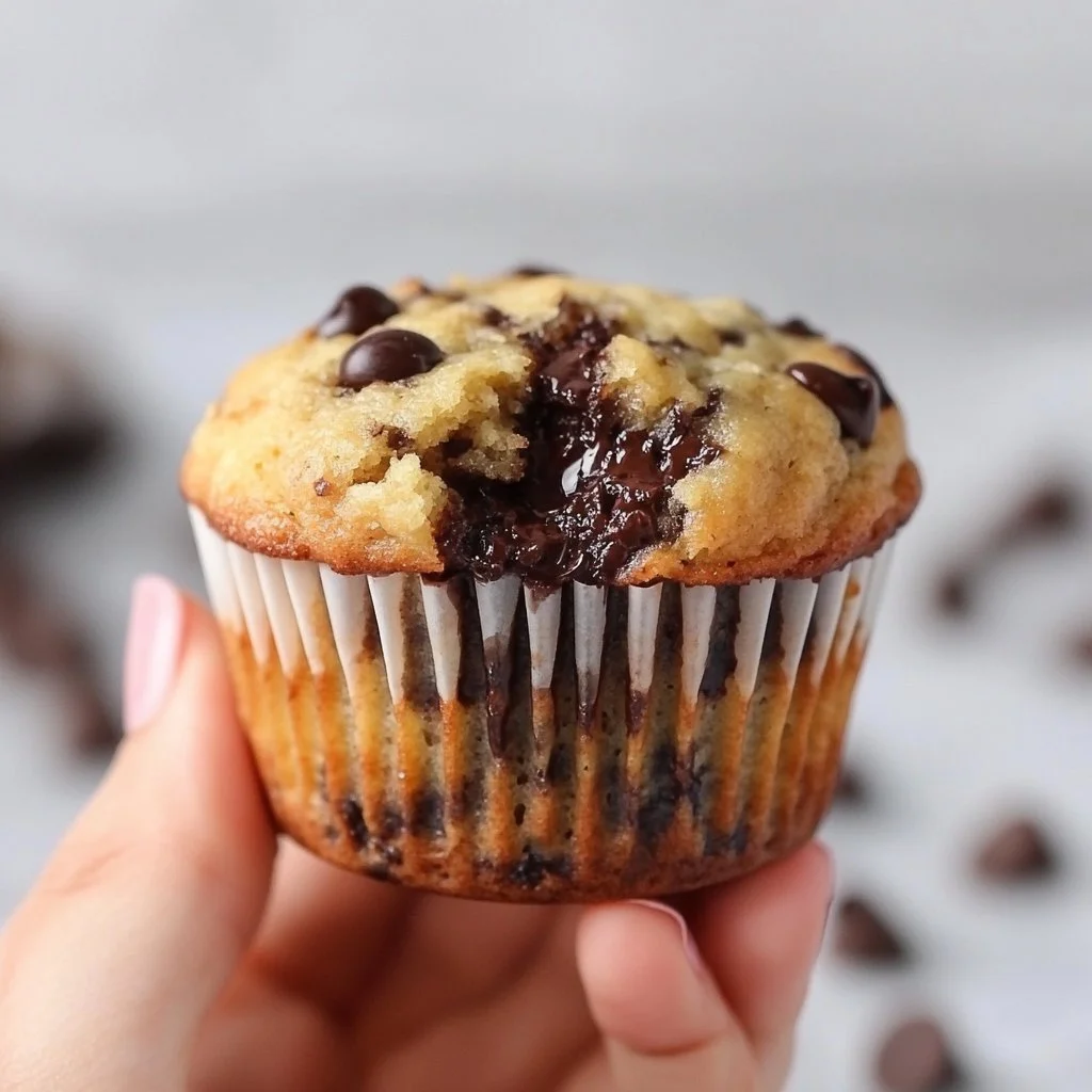 Freshly baked Banana Chocolate Chip Muffins on a wooden table