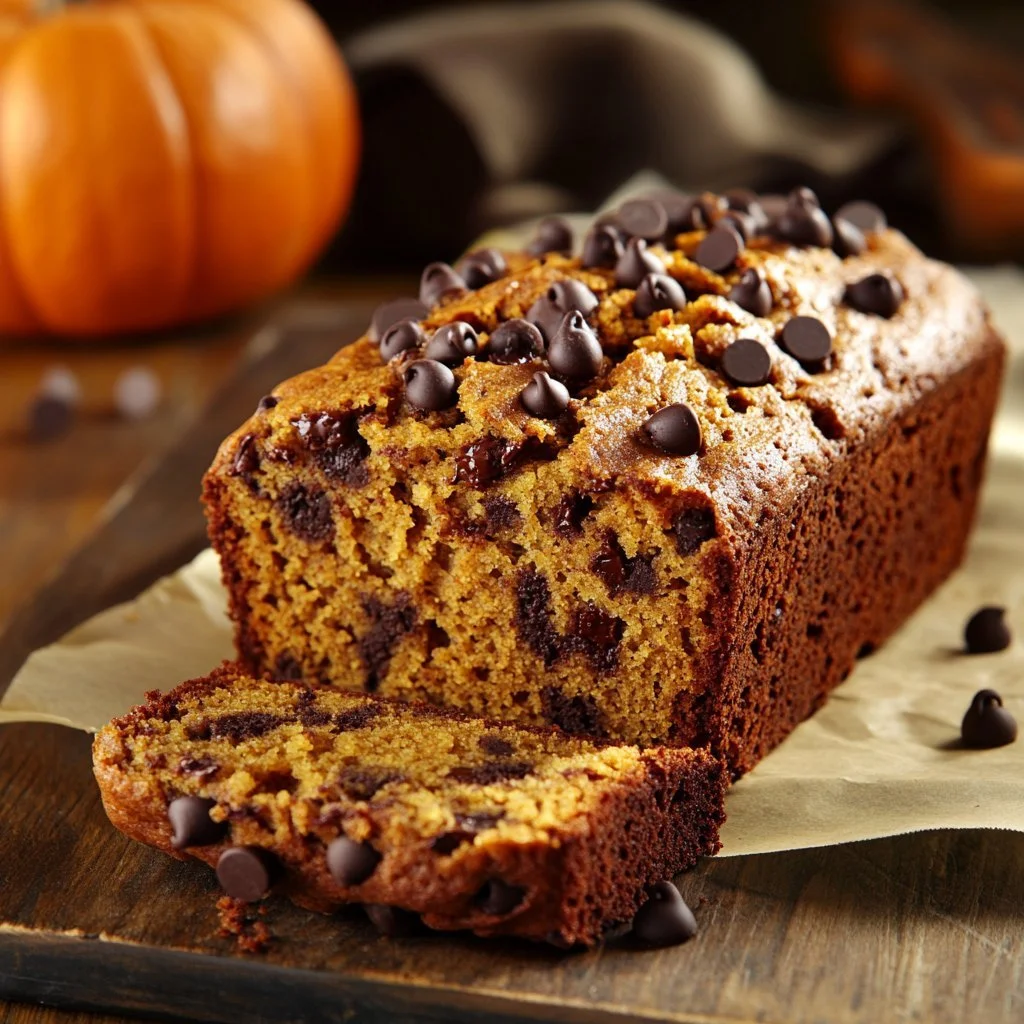 Slice of Banana Chocolate Chip Pumpkin Bread with chocolate chips and banana slices