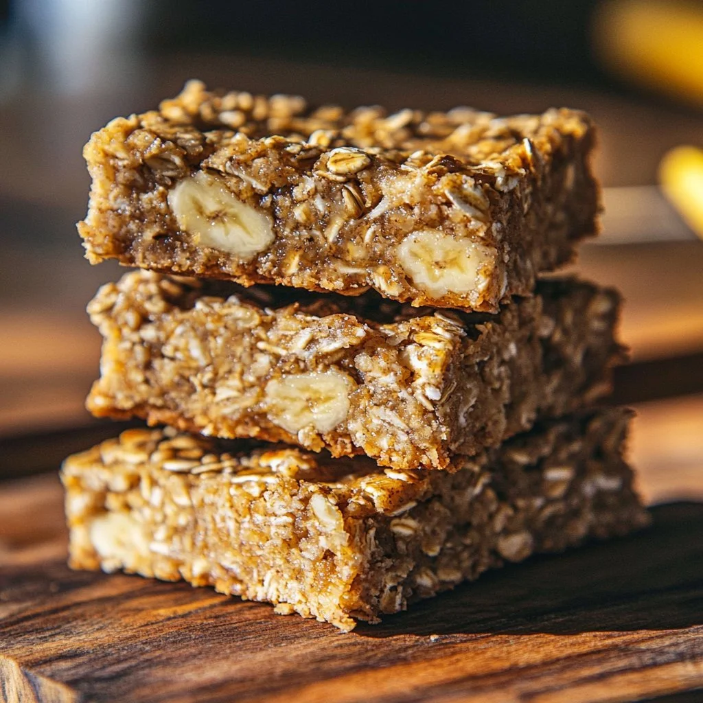 Healthy homemade Banana Oat Bars on a wooden table