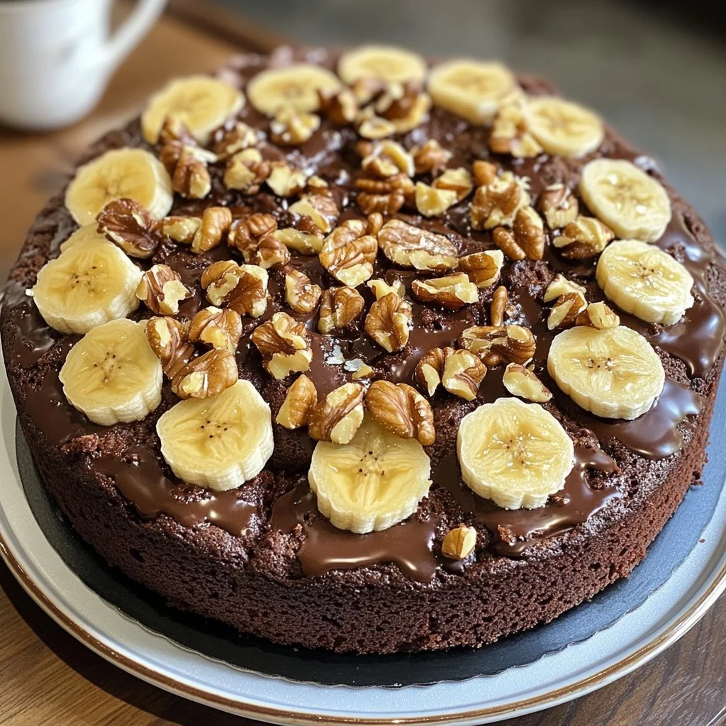 A delicious slice of banana walnut chocolate cake topped with nuts and chocolate