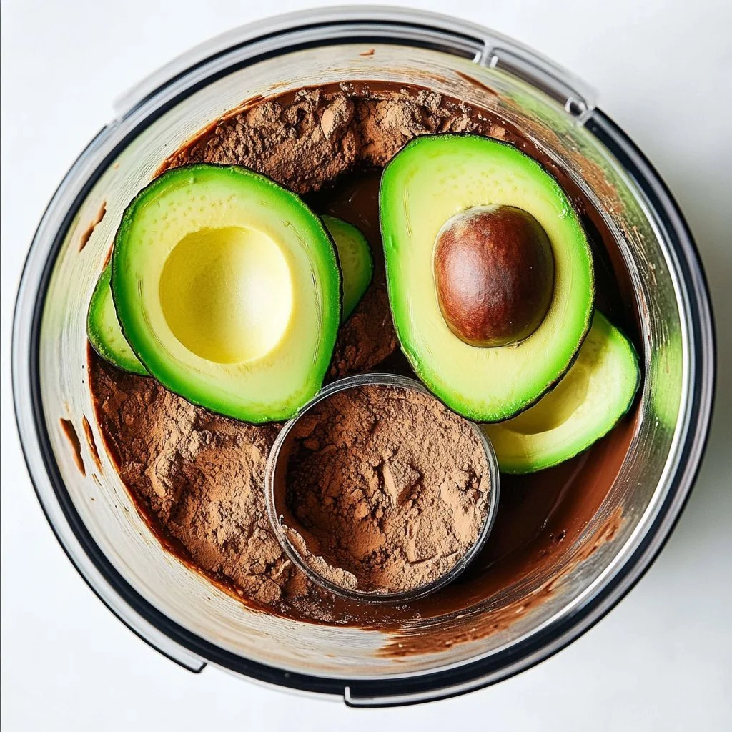 Delicious avocado chocolate pudding in a bowl topped with cocoa powder.