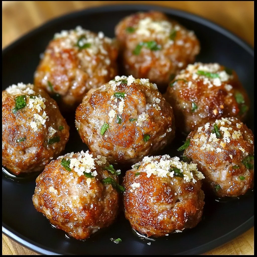 Plate of delicious homemade baked meatballs served with sauce and herbs
