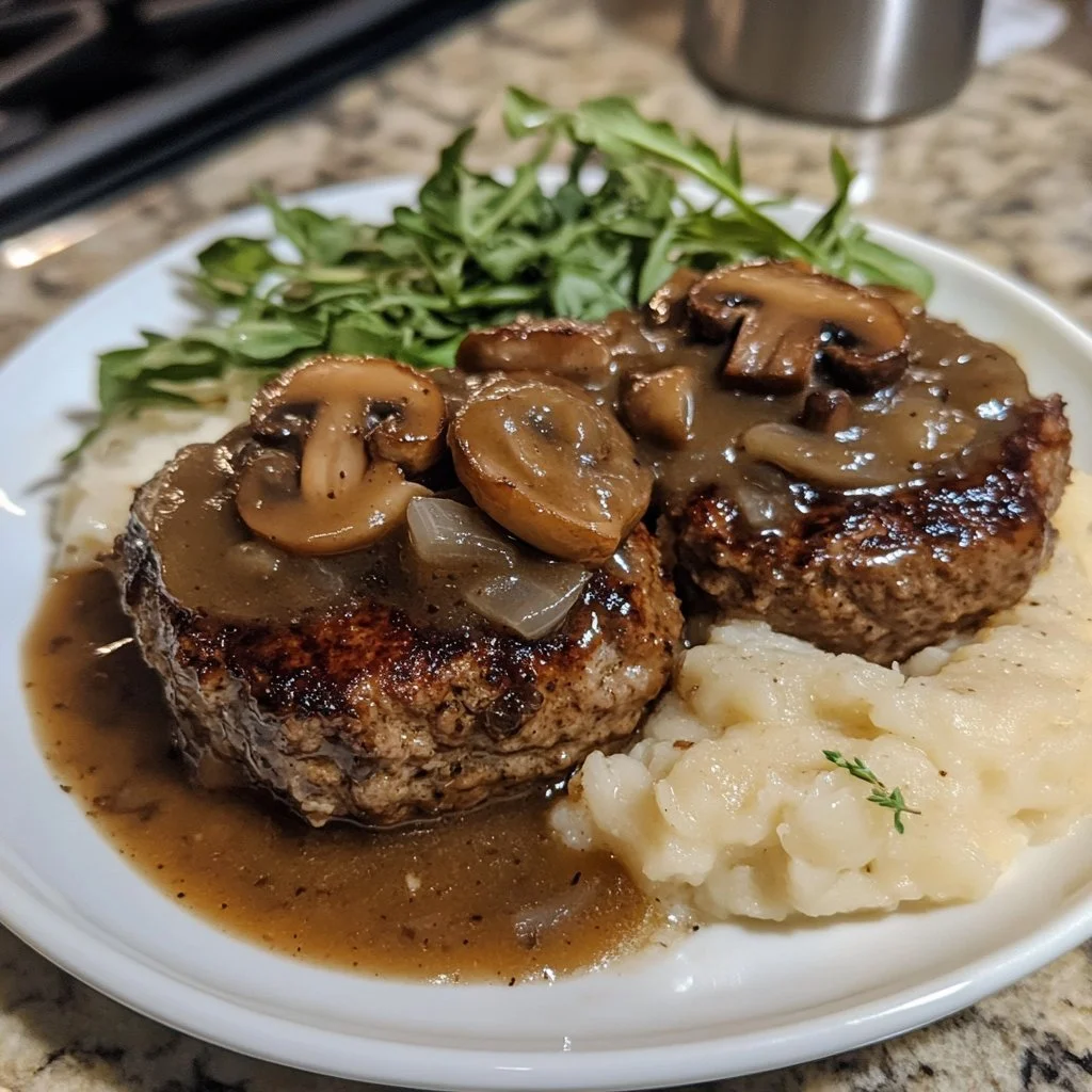 Delicious Salisbury steak with mushroom and onion gravy served on a plate