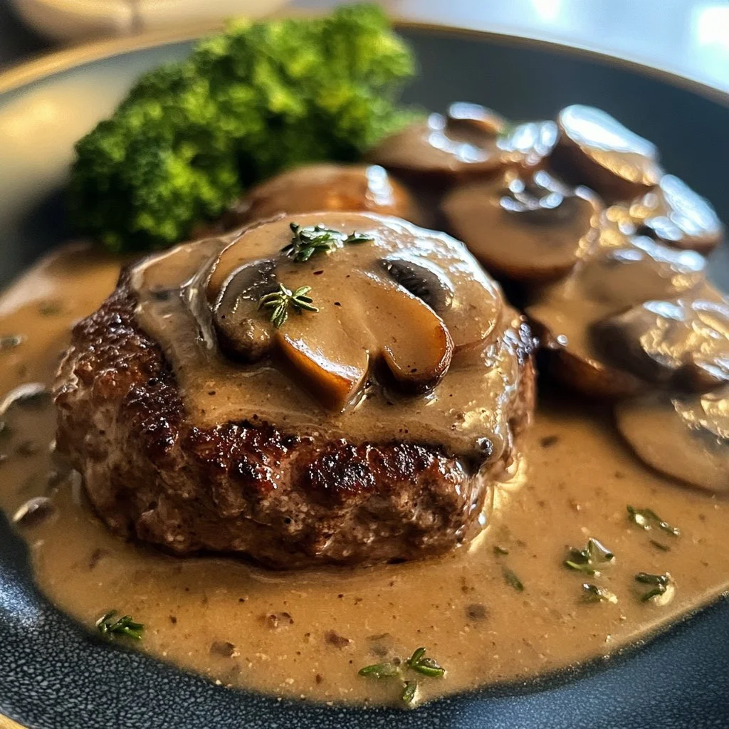 Bobby Flay's Salisbury steak with mushroom gravy on a plate