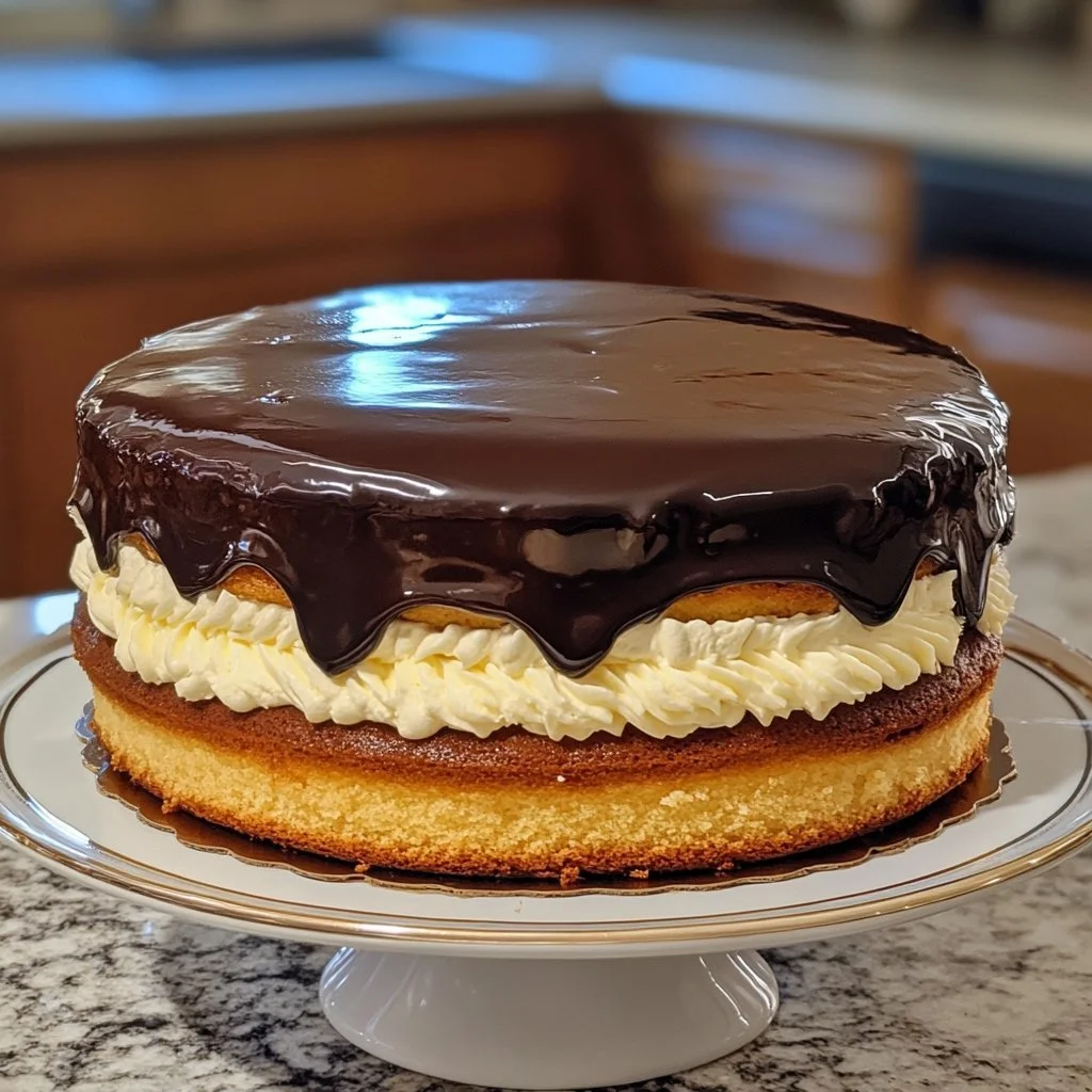 Delicious Boston Cream Poke Cake topped with chocolate ganache and cream