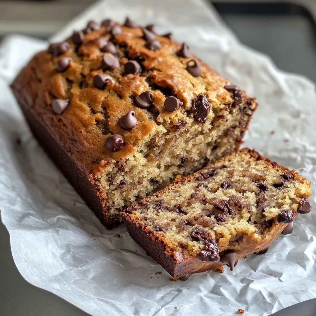 Delicious Brown Butter Chocolate Chip Banana Bread with golden crust and chocolate chips