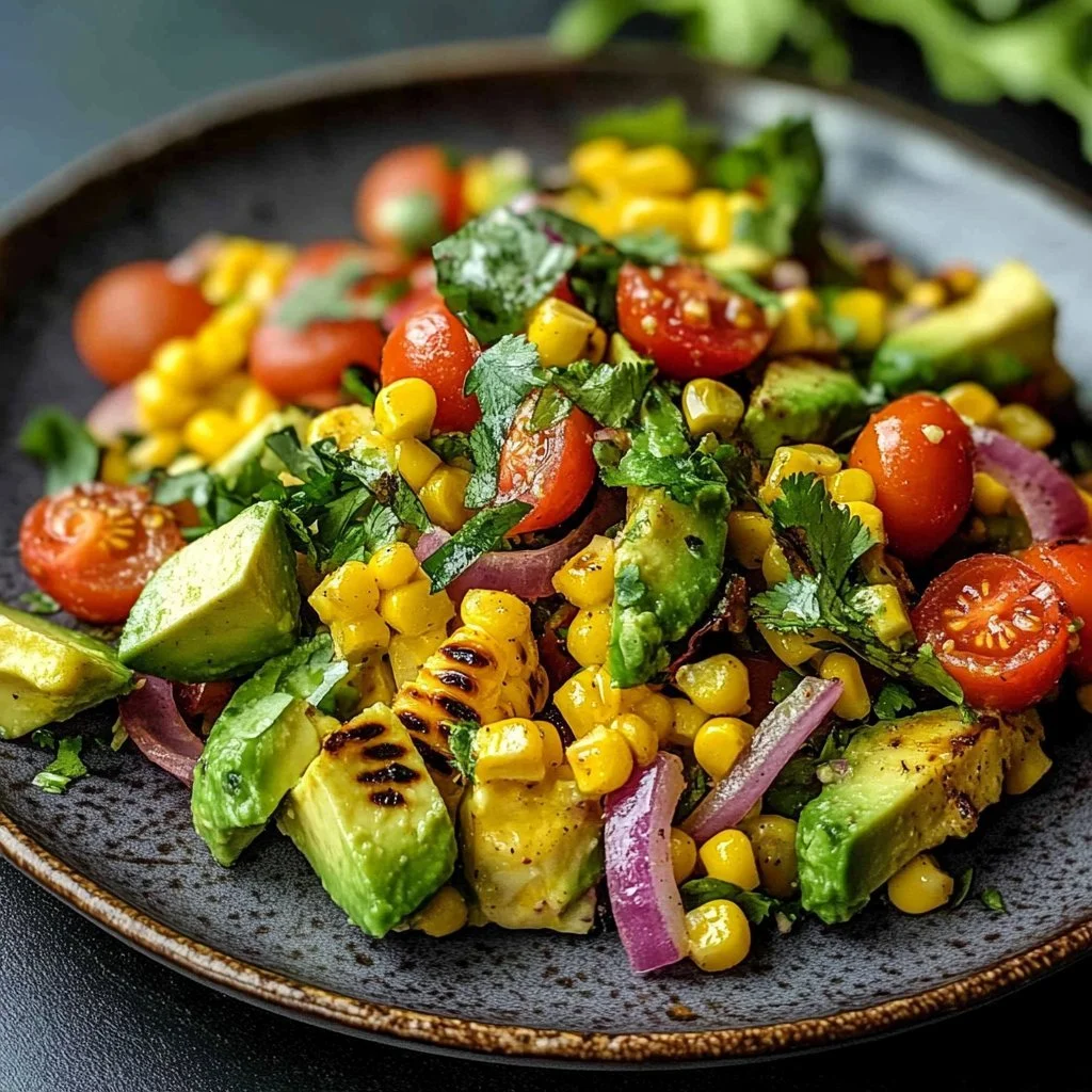 Charred corn avocado salad with roasted red onions on a plate