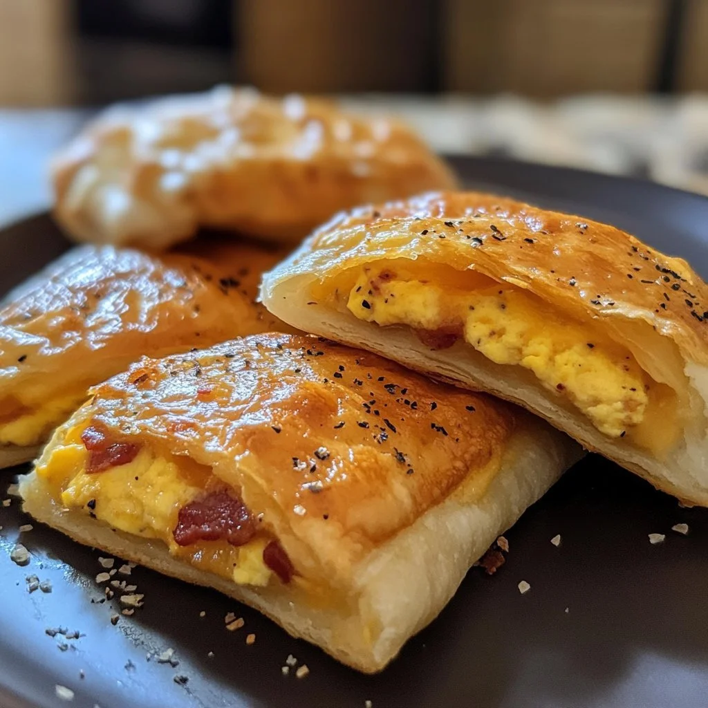 Cheesy egg and bacon breakfast pastries fresh out of the oven