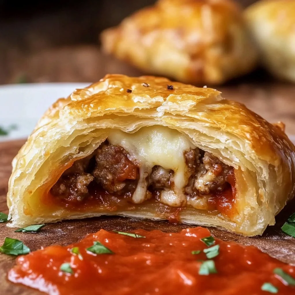 Cheesy puff pastry meatballs served on a plate, garnished with herbs.