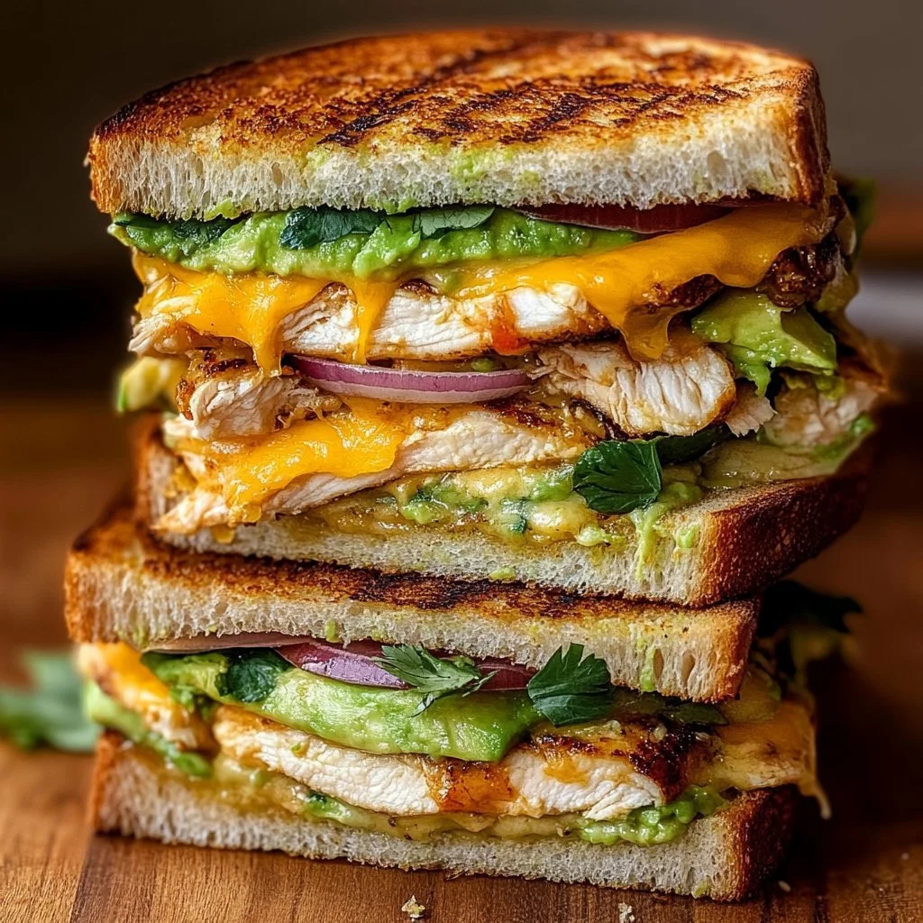 Delicious Chicken Avocado Toastie Sandwich on a plate
