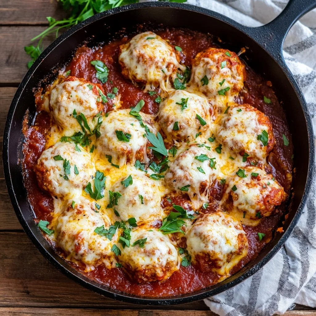 Delicious Chicken Parmesan meatballs served with marinara sauce and cheese