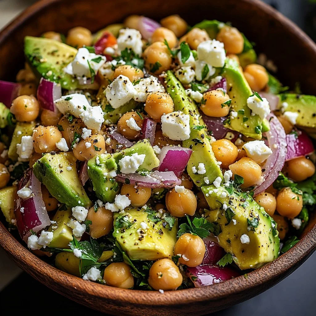 Chickpea Feta Avocado Salad garnished with fresh herbs on a wooden table