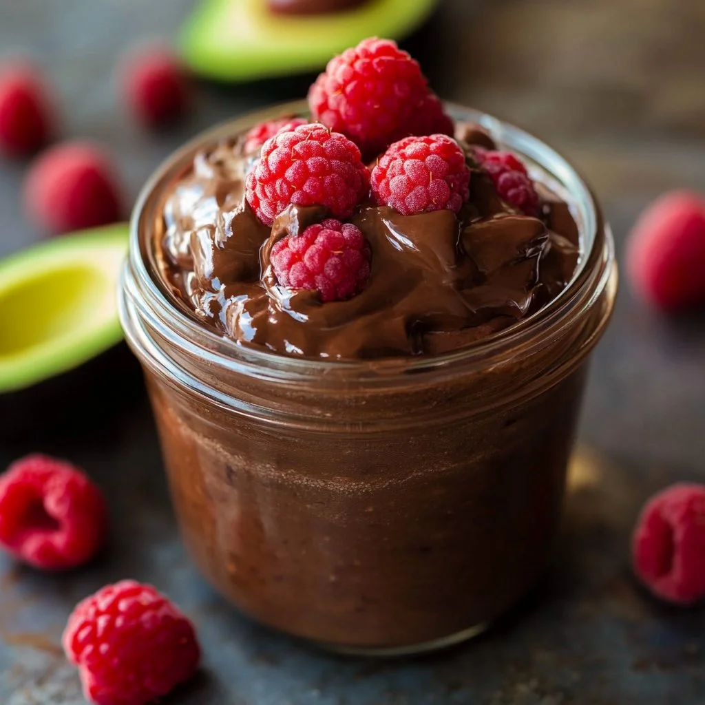 A delicious bowl of chocolate avocado pudding topped with fresh berries