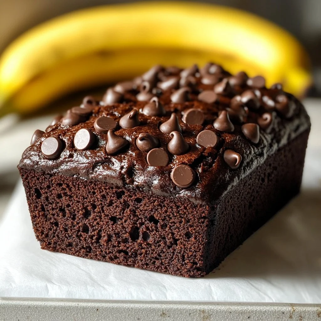 Slice of moist chocolate banana bread fresh out of the oven.