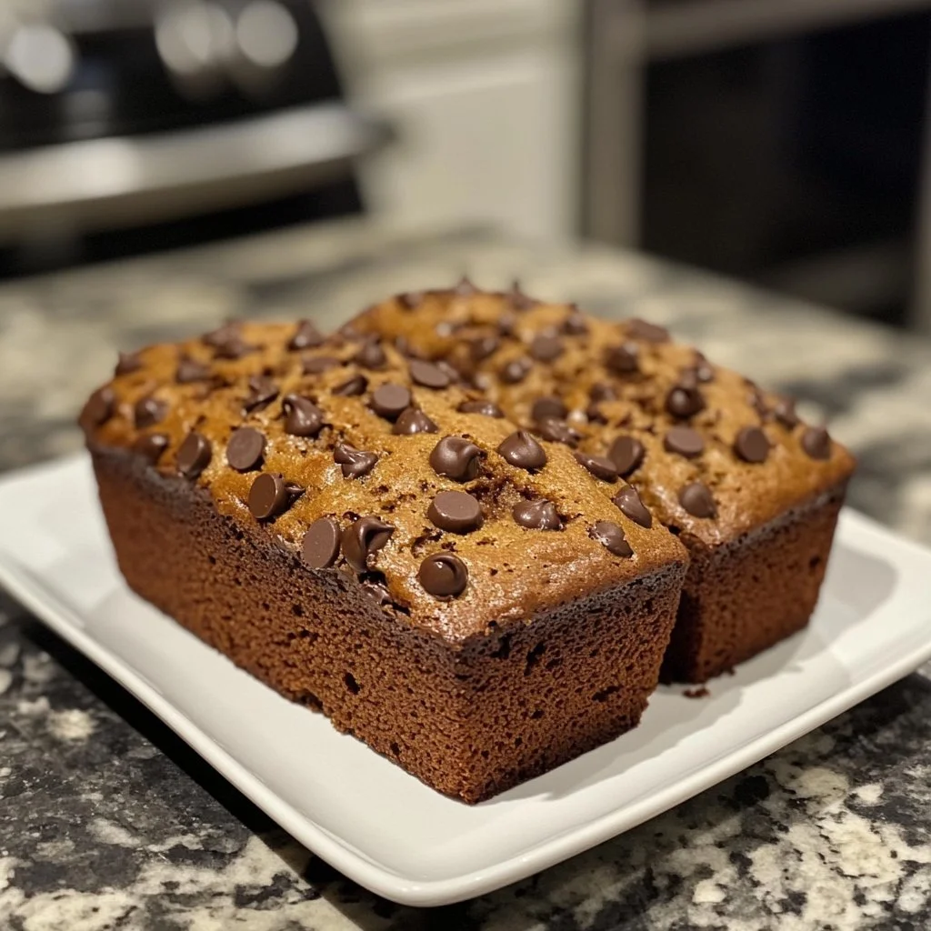 Slice of chocolate chip banana bread topped with chocolate pieces