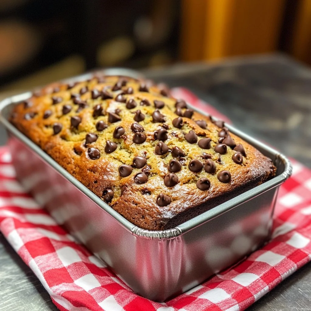 Slice of chocolate chip banana bread on a wooden table.