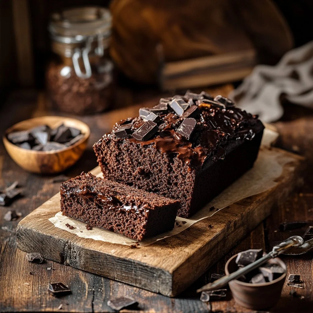 A delicious loaf of chocolate espresso banana bread topped with chocolate chips