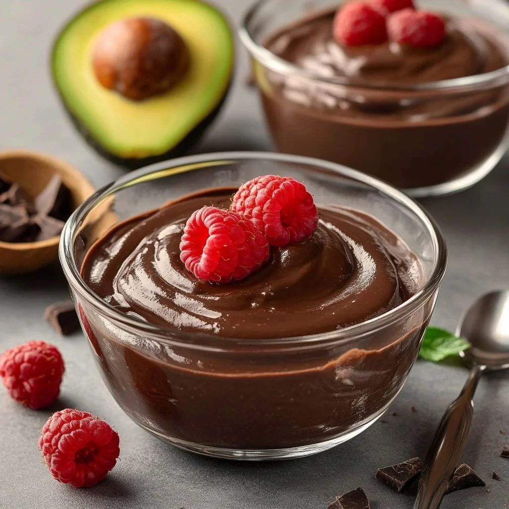Creamy chocolate keto avocado pudding in a bowl with a spoon.