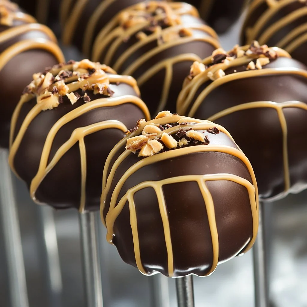 Delicious Chocolate Peanut Butter Cake Pops dessert on a cake stand