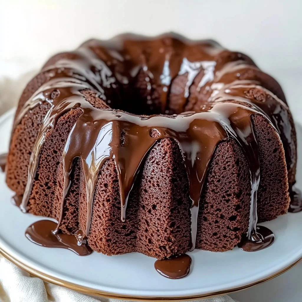 Delicious Chocolate Sour Cream Bundt Cake on a wooden table