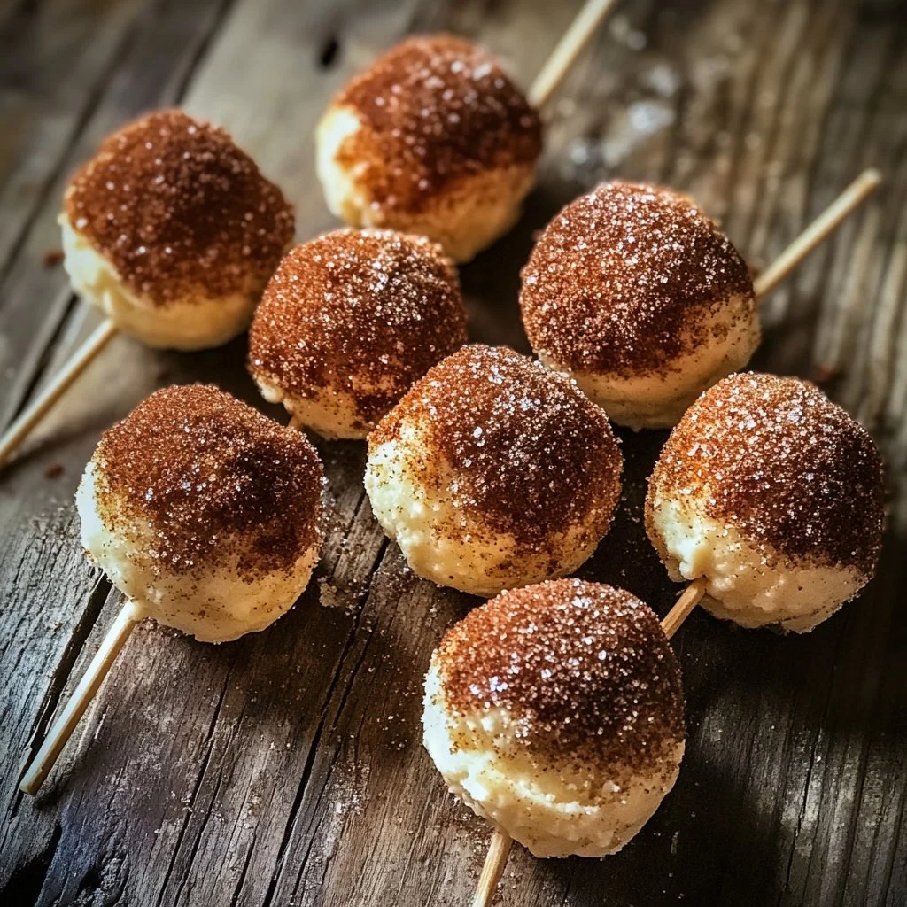 Cinnamon roll cake pops topped with icing and cinnamon, served on a table.