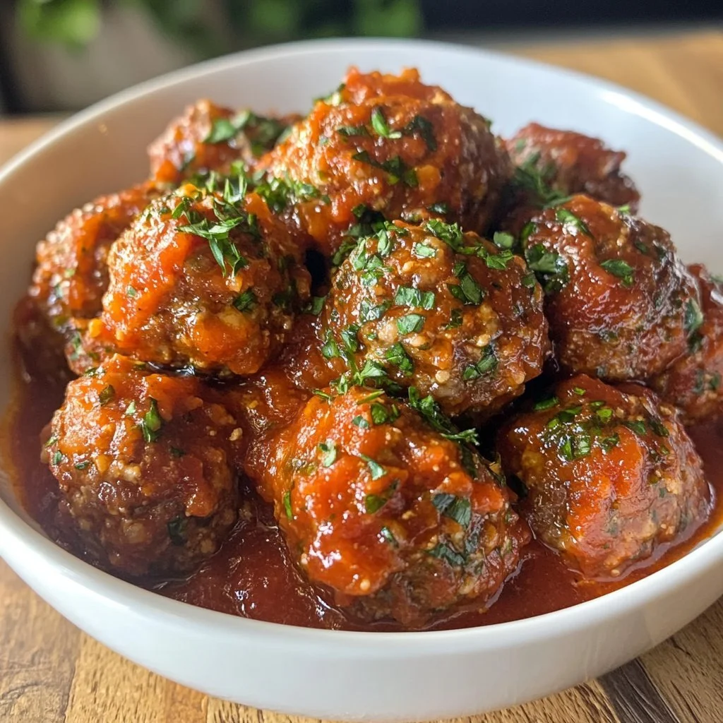 Delicious classic Italian meatballs served with tomato sauce and spaghetti.