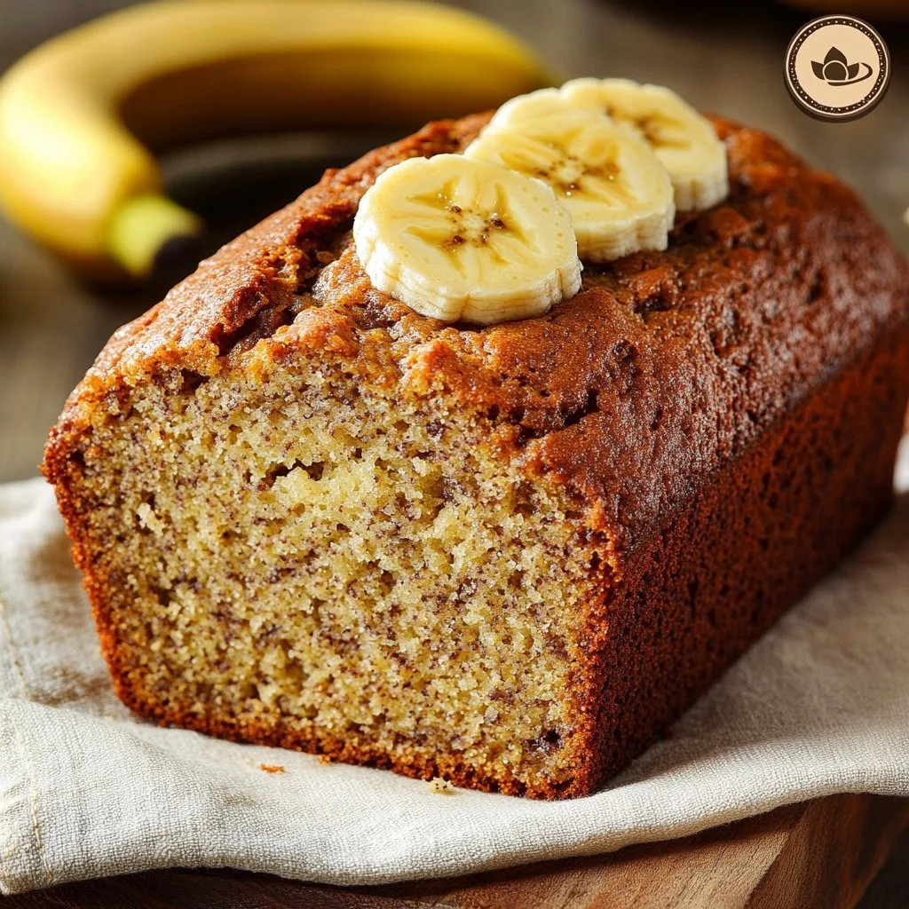 Classic moist banana bread loaf with ripe bananas and walnuts.