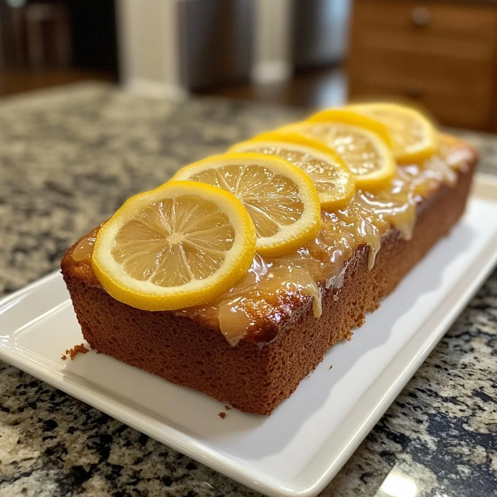 Delicious copycat lemon loaf served on a plate with lemon slices