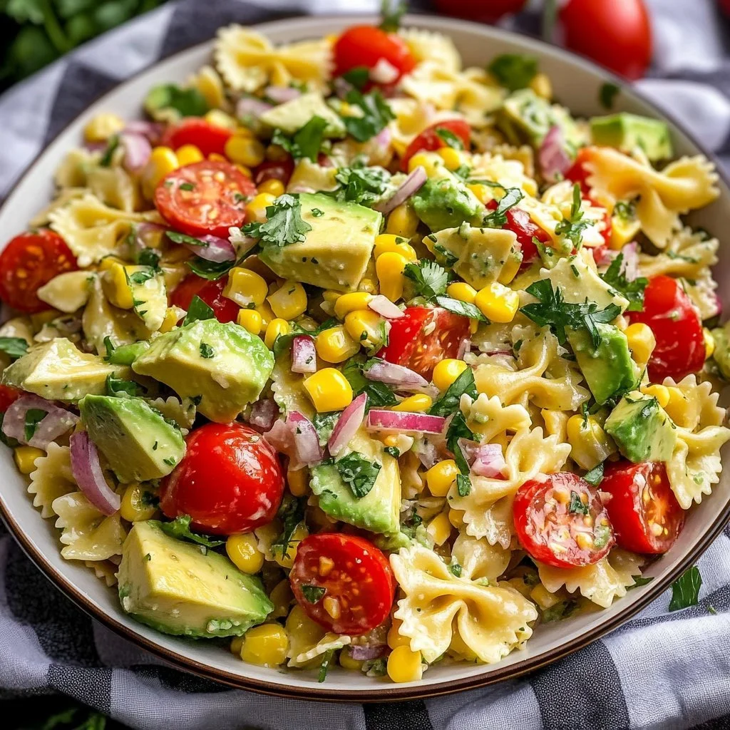 Corn and avocado pasta salad served in a bowl with fresh ingredients