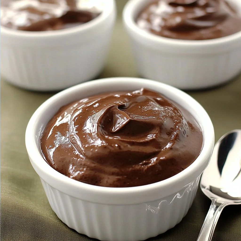 Delicious creamy chocolate avocado pudding in a bowl garnished with cocoa powder.