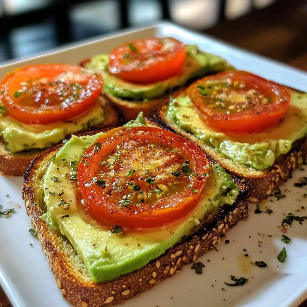 Delicious creamy garlic tomato avocado toast topped with fresh ingredients