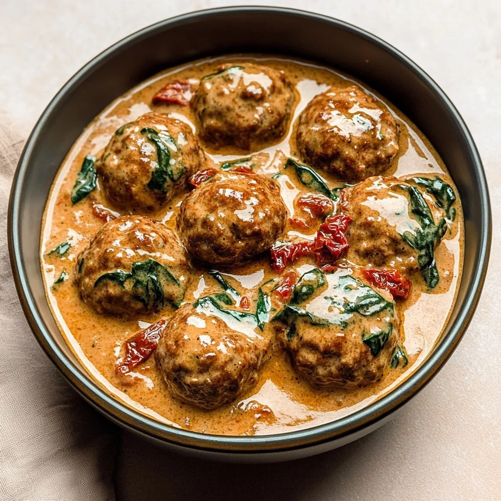 Creamy Tuscan low carb meatballs served in a bowl with herbs