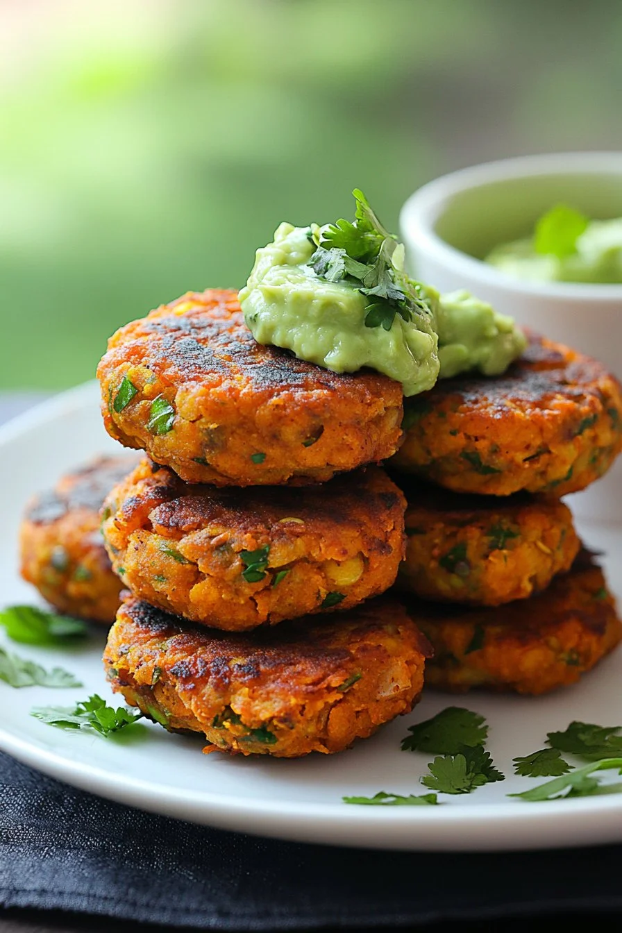 Crispy Sweet Potato and Red Lentil Fritters with Avocado Coriander Sauce