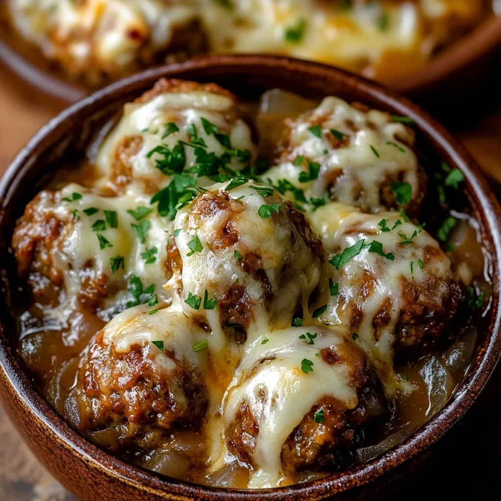 Delicious Crockpot French Onion Meatballs served in a bowl