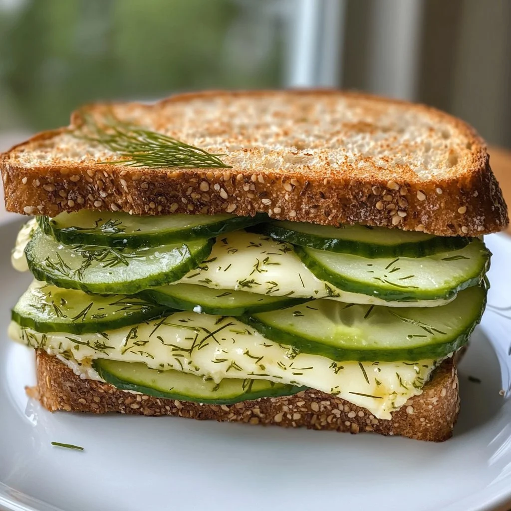Cucumber Dill Sandwich with Havarti cheese on a plate, garnished with fresh herbs