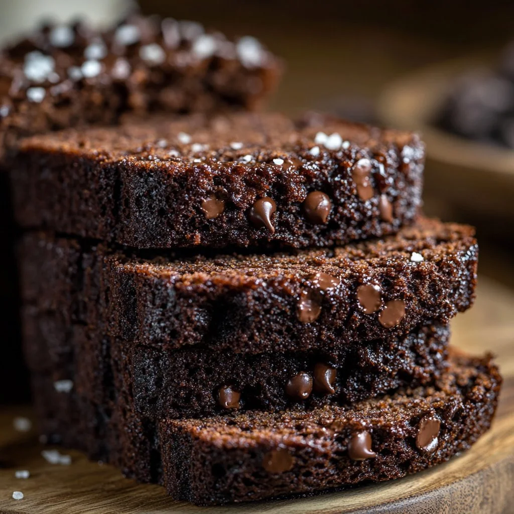 Delicious slice of double chocolate banana bread with chocolate chips