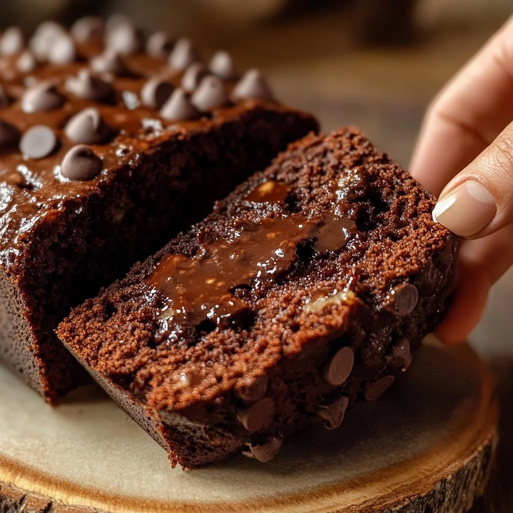 Slice of double chocolate banana bread topped with chocolate chips